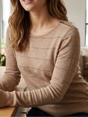 LOFT Camel Metallic Stripe Crewneck Pullover Sweater Zipper Shoulder Size S